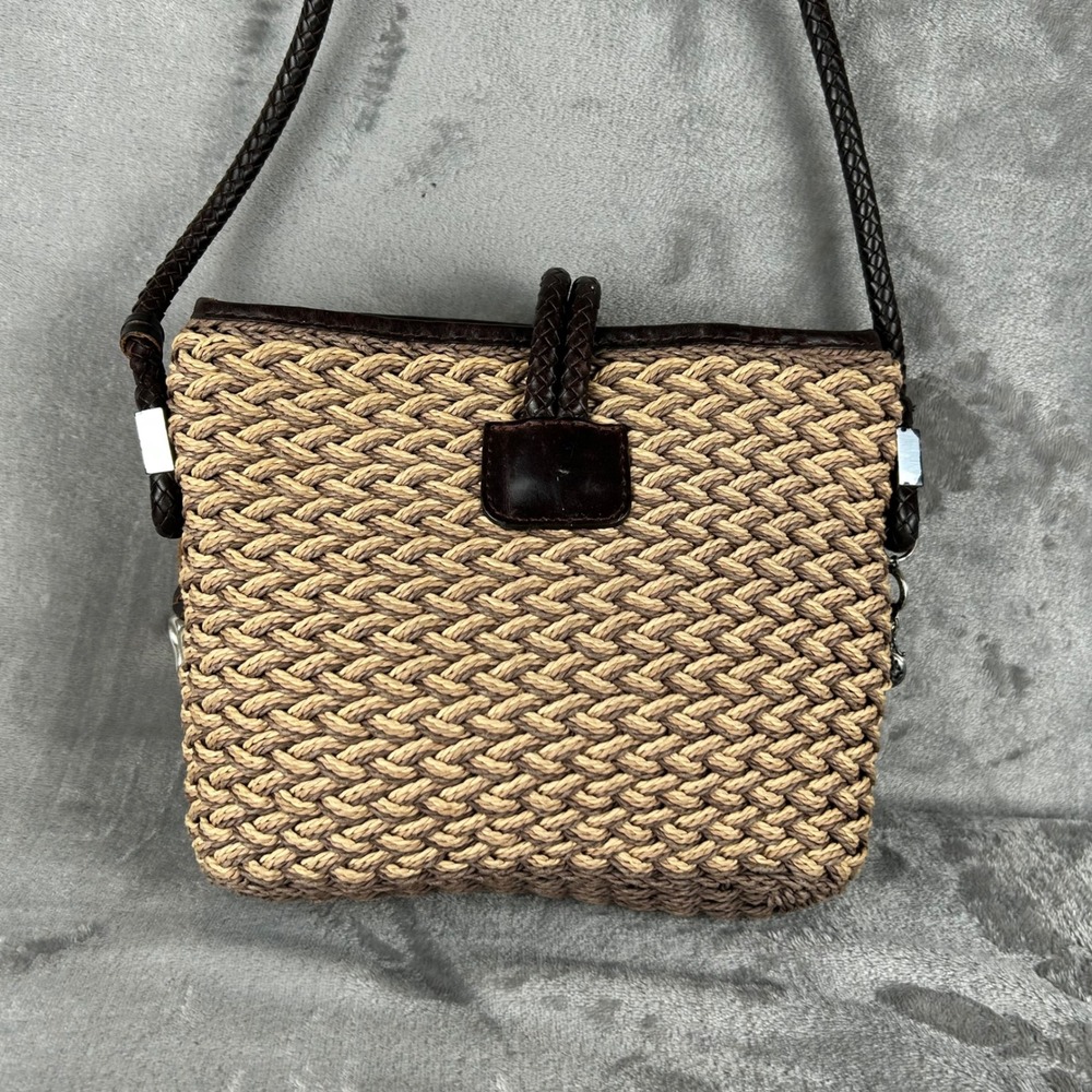 Brighton Woven Straw Crossbody Bag Brown Tan Floral Lining Silver Heart Charm